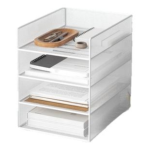 一体式免组装四层办公室文件架白色金属网格收纳整理置物架多层文件分类储物架桌面办公收纳用品大容量文件框