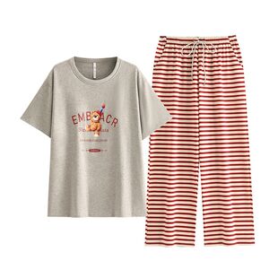 悦内带胸垫睡衣女士夏季夏天纯棉短袖长裤家居服时尚休闲卡通套装