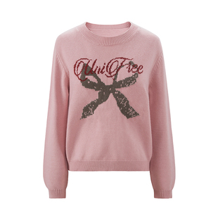 UNIFREE韩版套头毛衣新款复古蝴蝶结提花时尚学院风百搭显瘦上衣