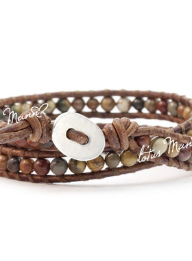 Lotus Mann红溪碧玉两圈天然棕色皮绳手链