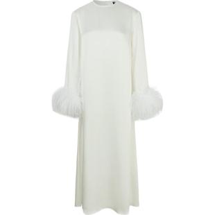 【折扣】SLEEPER女士羽毛边饰缎面斜纹布中长连衣裙