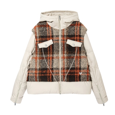 Desigual宽松格纹拼接连帽短款冬季女士羽绒服