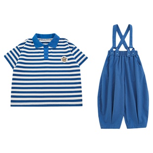 幼悠 男童2026夏季新款条纹翻领清凉短袖t恤宽松显瘦背带裤套装潮