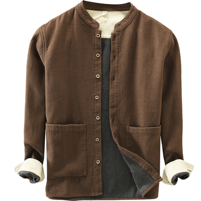 国风立领苎麻加绒长袖衬衫