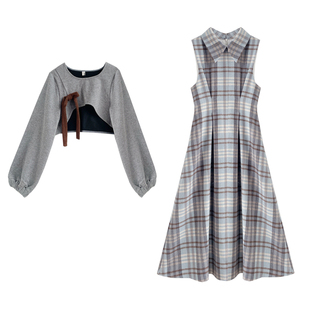 格纹连衣裙女小个子秋冬长裙子两件套装女2026新款复古小众学院风