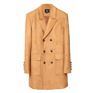 秋冬新款鹿皮绒中长款大衣外套欧美简约西装双排扣修身英伦男大衣