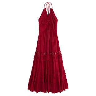 AZure法式复古波尔多红色v领吊带连衣裙女夏季性感小露背蛋糕长裙