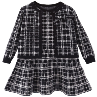 女童秋装小香风格子针织外套背心连衣裙子套装幼儿园女孩毛衣裙36