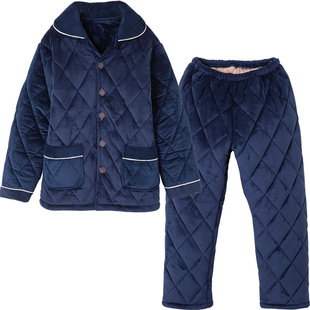 顶瓜瓜顶呱呱男士加厚加绒长袖家居服套装冬季三层夹棉珊瑚绒睡衣