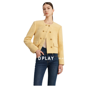 DPLAY黑标秋季轻奢名媛奶油黄圆领金属扣小香风羊毛呢短外套