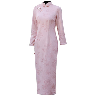 新中式国风麂皮绒旗袍长款长袖2026春季新款年轻款少女粉色连衣裙