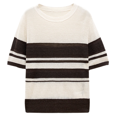 INSUN恩裳夏季休闲巴亚德条纹22支亚麻毛针织衫