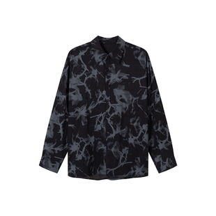 何记港风【水墨晕染】黑白花衬衫男款宽松复古90年代感长袖衬衣