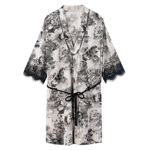 贝妍夏季凉感莫代尔性感V领吊带睡衣女复古风蕾丝三件套睡袍套装