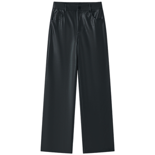 Halo Luu黑色直筒皮裤女秋冬2025新款高级感PU皮裤子大长腿阔腿裤