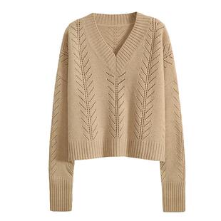 APCSHOP开司米2023新款复古针织螺纹镂空套头毛衣女士V领纯羊绒衫