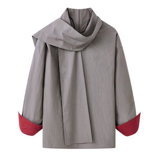 BLINK/灰色条纹纯棉立领飘带长袖衬衫袖口撞色新年红宽松廓形通勤