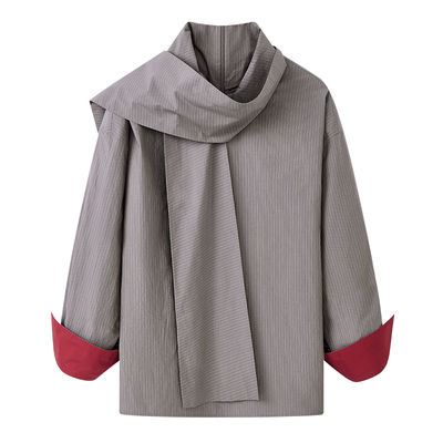 BLINK/灰色条纹纯棉立领飘带长袖衬衫袖口撞色新年红宽松廓形通勤