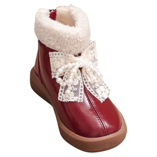 蝴蝶结真皮女童公主靴加绒保暖儿童短靴2025新款短筒加厚女童皮靴