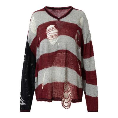 现货BAK原创设计 “CD回响”颓废感条纹印花破洞毛衣镂空针织上衣