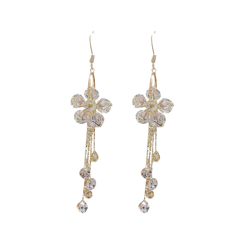 高级感水晶五瓣花耳环2025年新款潮气质花朵流苏耳坠超仙网红耳饰