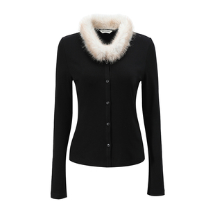 NON RESTRAIN法式撞色毛领内搭长袖T恤女修身收腰显瘦V领开衫上衣