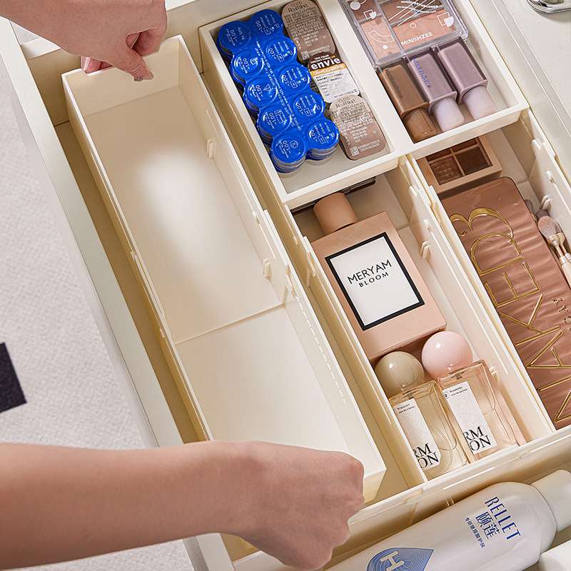 日式可伸缩塑料收纳盒带隔板整理盒口红化妆品杂物盒餐具收纳盒子