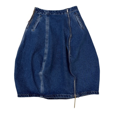 水洗蓝A字开叉拉链牛仔气球裙