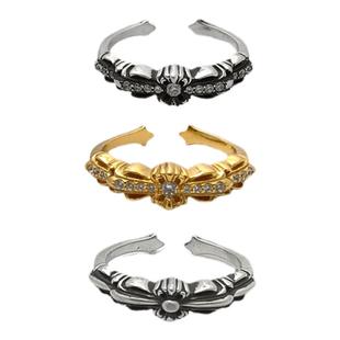 宗克罗心细款十字花戒指22k金镶钻925纯银情侣开口可调节欧美潮流