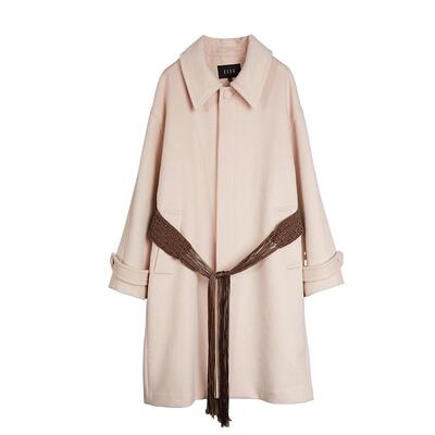 ELLE粉色绵羊毛翻领长款大衣