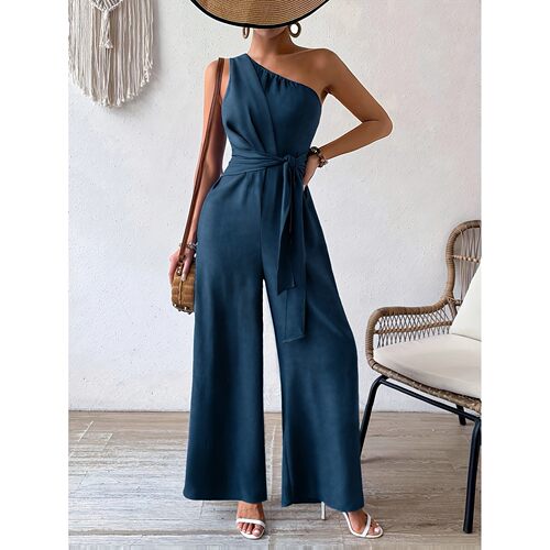 C 79711 One Shoulder Belted Wide Leg Jumpsuit 度假连体裤