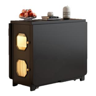 中古风实木折叠餐桌一体餐边柜家用小户型法式复古伸缩多功能黑色