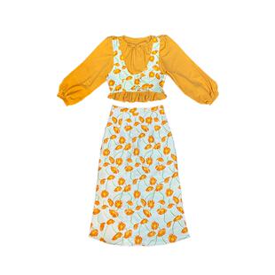 鲸鱼原创自制复古甜美泡泡袖上衣马甲长短半身裙裙橙黄色提花套装