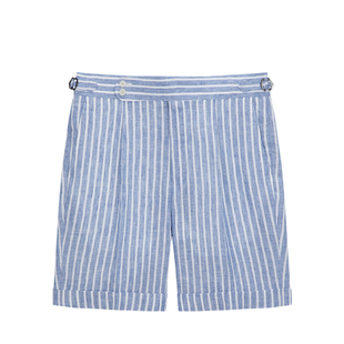 WANTSUIT夏季100%亚麻海滩休闲度假琉璃蓝条纹休闲短裤松弛老钱潮