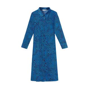 谷邦蓝色不规则棋盘格连衣裙春秋新款小众印花修身系带长袖中长裙