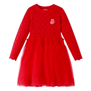 安奈儿龙元素拜年服女童长袖毛衣连衣裙2024春新款喜庆本命年红色