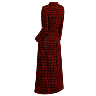 红色格子旗袍长袖加厚保暖连衣裙不开衩妈妈秋冬季日常礼服民国风