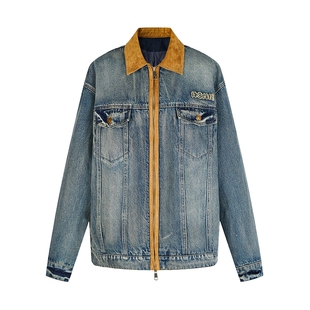 none 冬季新款深蓝复古牛仔外套女撞色polo领棉宽松女款外套