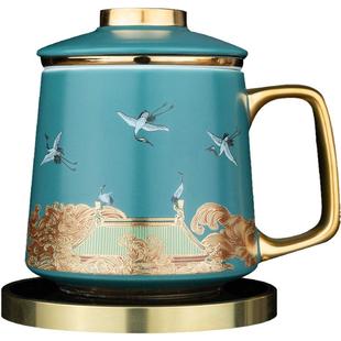 容山堂瑞鹤图陶瓷泡茶杯绿茶杯茶水分离杯铜保温底座办公专用茶具