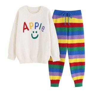 字母彩虹条纹软绵绵睡衣女冬季加厚珊瑚绒长款保暖加绒家居服套装