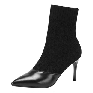 牛皮Aee爱意34-40酒红色毛线拼接松紧弹力袜靴尖头细高跟女中短靴