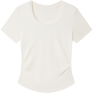 Halo Luu白色u领短袖t恤女夏季新款简约修身正肩收腰短款针织上衣