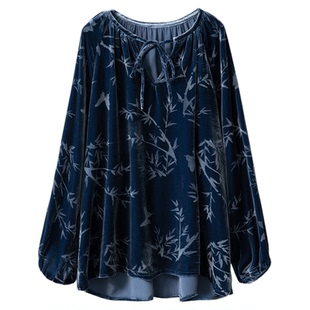 一丝牵100%桑蚕丝底布丝绒国风圆领蝴蝶结宽松灯笼袖真丝宽松上衣