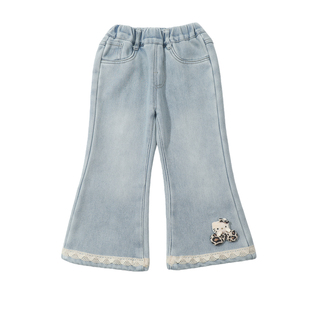 女童蕾丝花边加绒加厚牛仔裤保暖喇叭裤洋气中小童宝宝冬天微喇裤