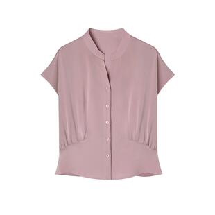 枫竺法式气质通勤圆V领短袖捏褶收腰粉色衬衫女2025夏季短款衬衣