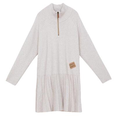 谜底针织连衣裙女冬季新品时尚高领A型直筒裙百褶裙244MZ1890