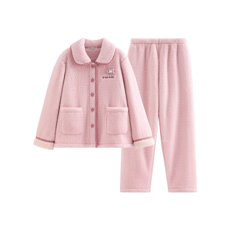芬腾女士珊瑚绒睡衣秋冬季新款布朗熊加绒加厚翻领家居服卡通套装