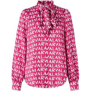 曼德诗设计感衬衫2024冬季新品字母印花雪纺长袖花色飘带OL衬衣