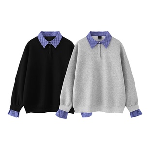 布老哥Blog秋季显白假两件格纹polo衫显高简约通勤撞色卫衣W534