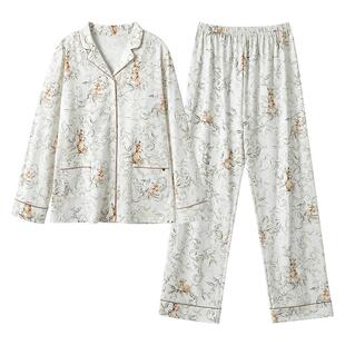 嫚熙春秋季纯棉女士睡衣女款可外穿兔子迷踪长袖家居服套装新款